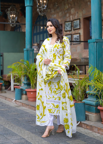 Fresh Lime Floral Hand-Painted Kurta Set with Dupatta