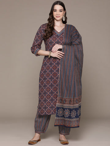 Meher Rust & Blue Cotton Suit Ensemble