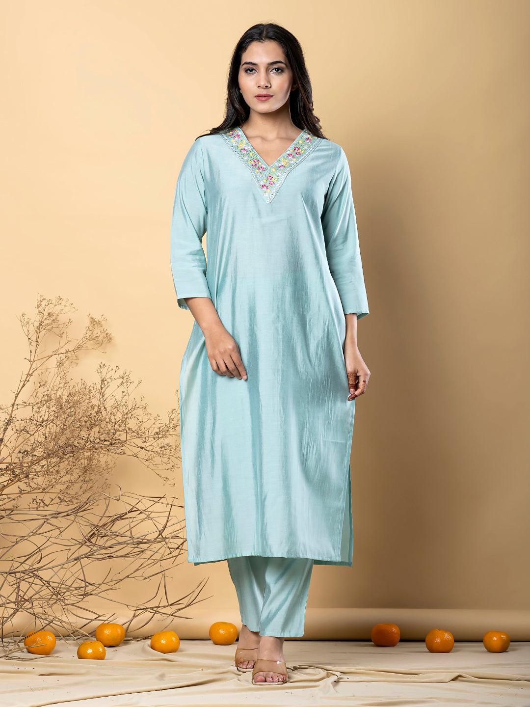 Aqua Grace Embroidered Roman Silk Kurta Set
