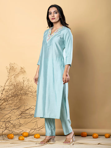Aqua Grace Embroidered Roman Silk Kurta Set