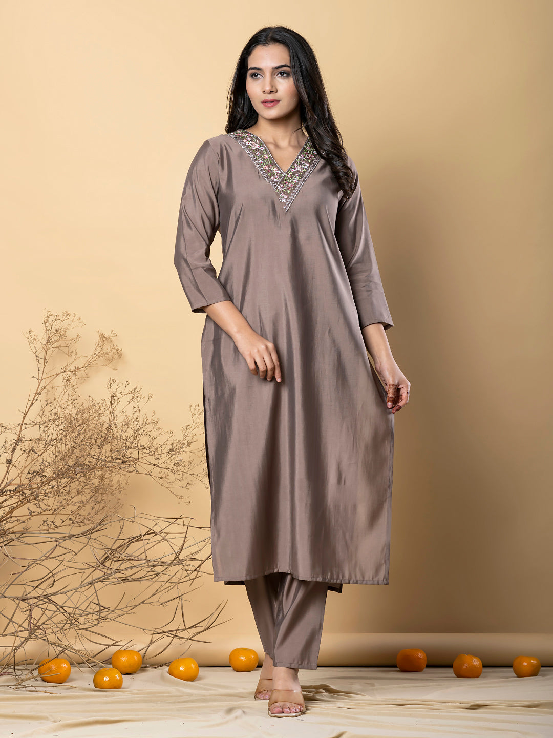 Mocha Mirage Roman Silk Kurta Set