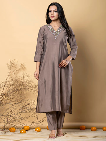 Mocha Mirage Roman Silk Kurta Set