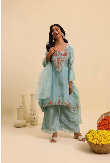 Aqua Elegance A-Line Silk Kurta Set