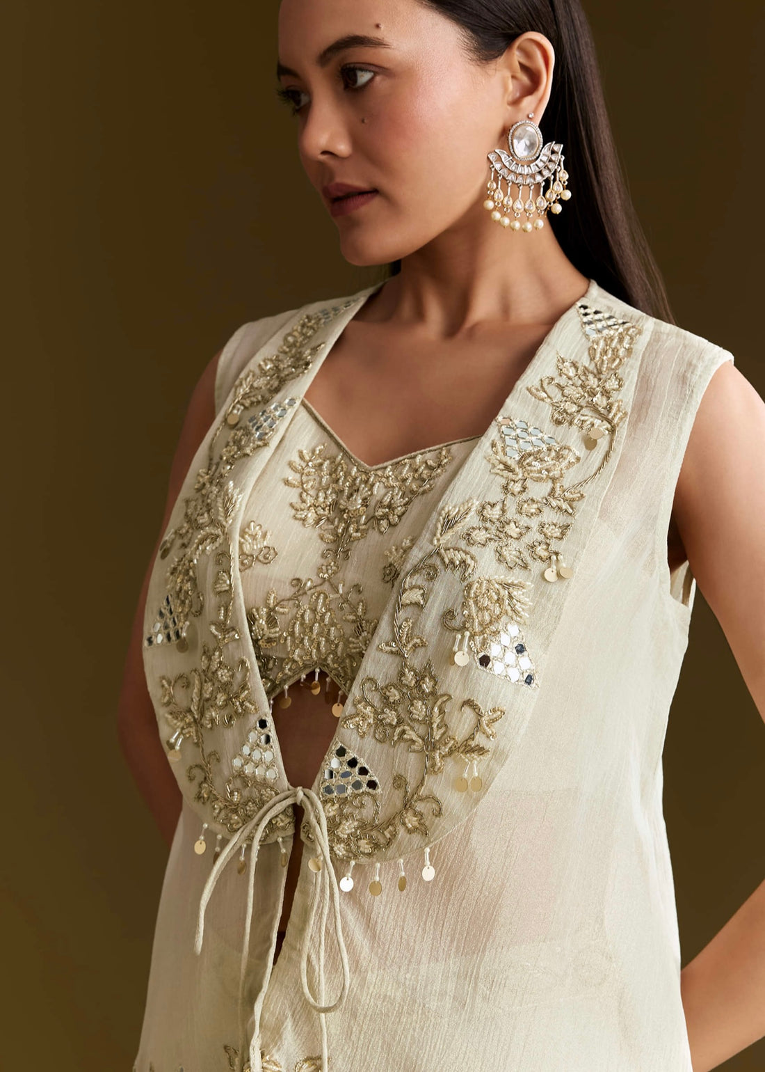 Ivory Mirror-Embroidered Tissue Silk Indo Western