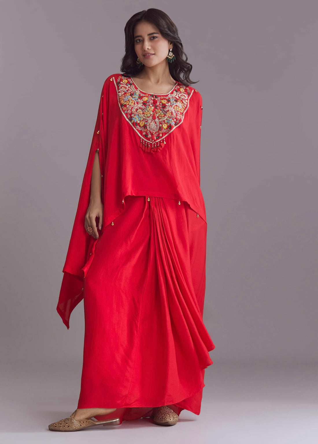 Crimson Charm – Embroidered Silk Crepe Cape Set