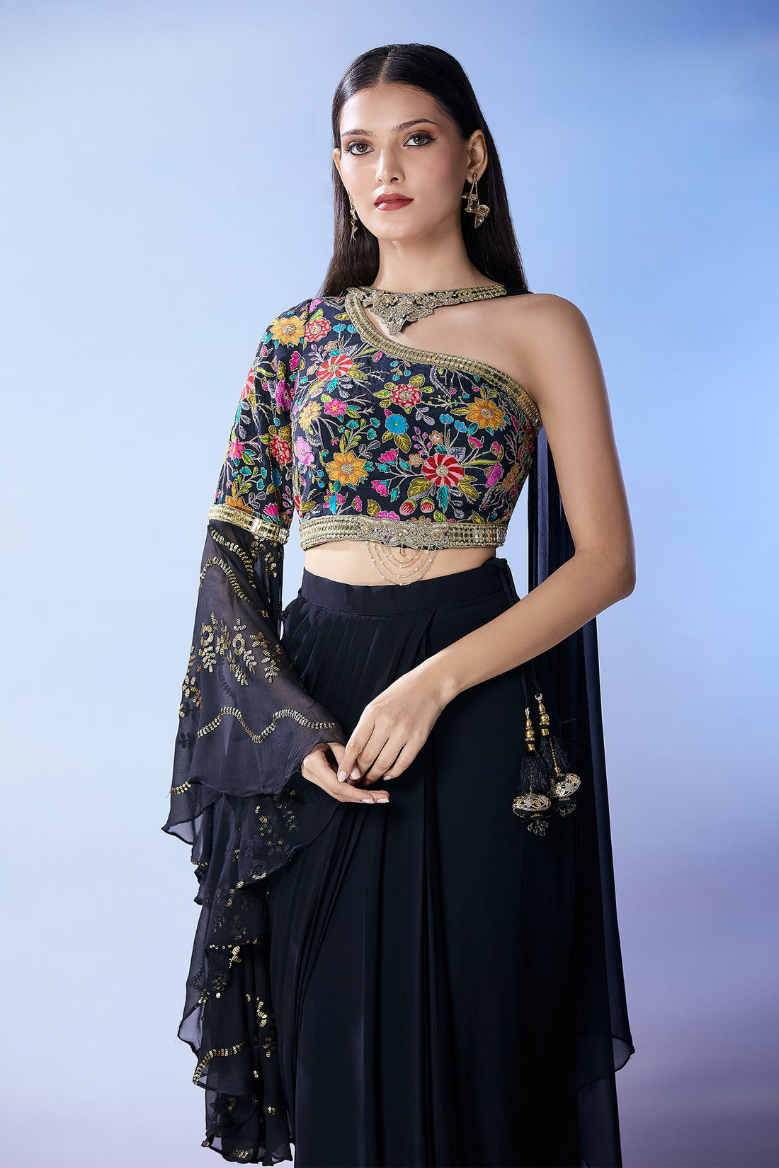 Midnight Bloom One-Shoulder Georgette Ensemble