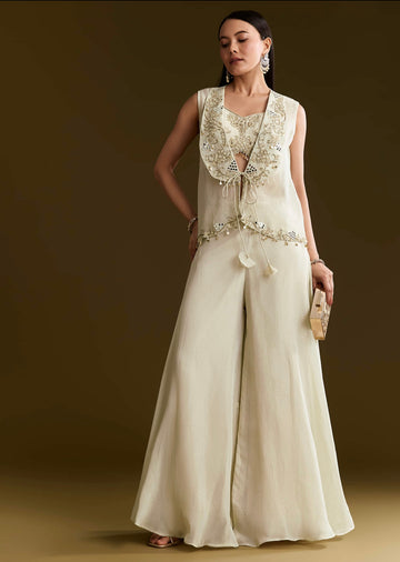 Ivory Mirror-Embroidered Tissue Silk Indo Western