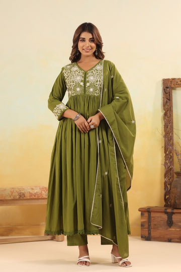 Olive Bloom – Cotton Anarkali Set