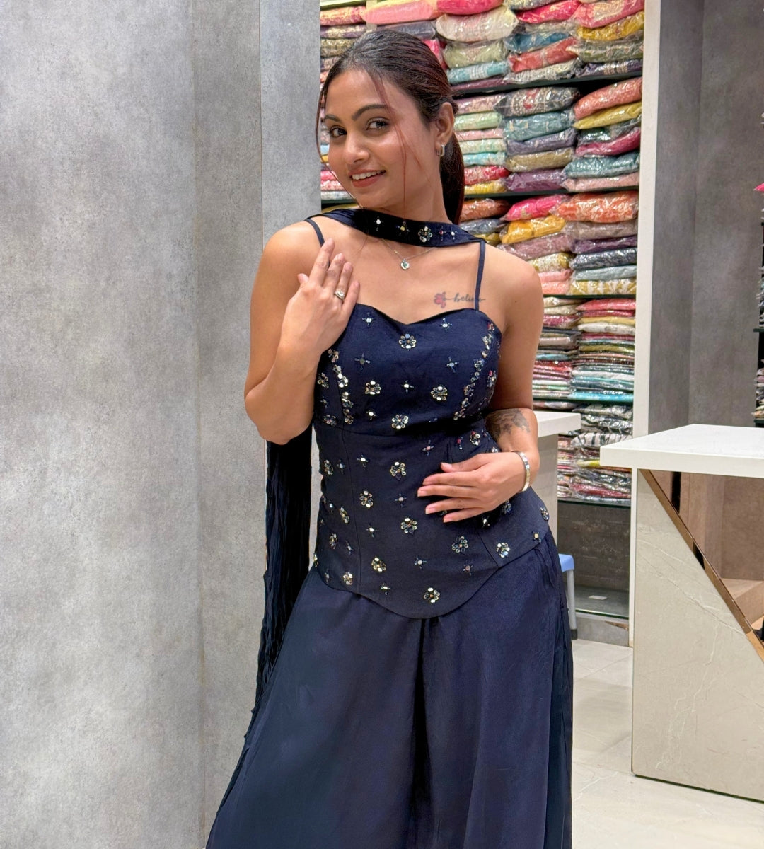 Sunlit Elegance – Yellow Crepe Silk Corset Palazzo Set with Choker Dupatta
