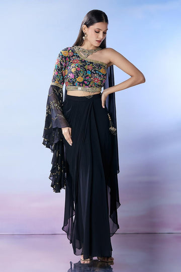 Midnight Bloom One-Shoulder Georgette Ensemble