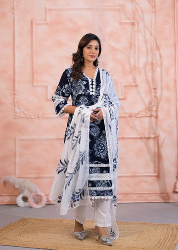 Midnight Bloom Mul Cotton Kurta Set with Hand-Painted Dupatta