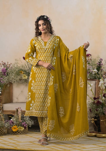 Cotton Kurta Pant Dupatta Set – Mustard Yellow Ethnic Outfit