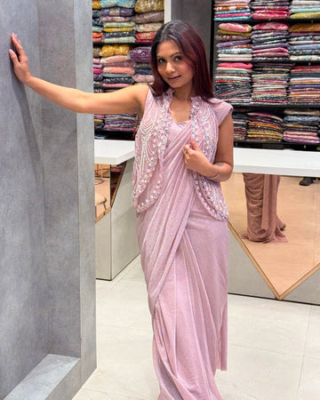 Blush Elegance Pre-Draped Saree with Embroidered Jacket
