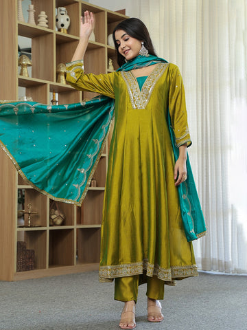 Emerald Glow – Muslin Silk Anarkali Set