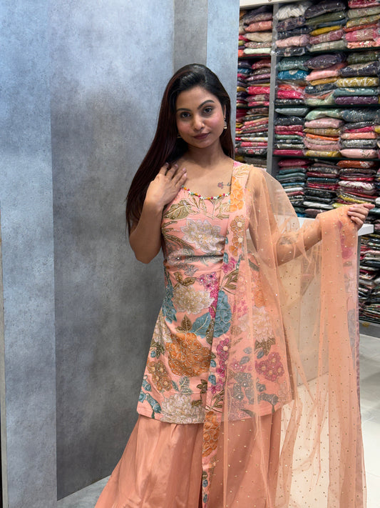 Peach Floral Bloom Silk Sharara Set