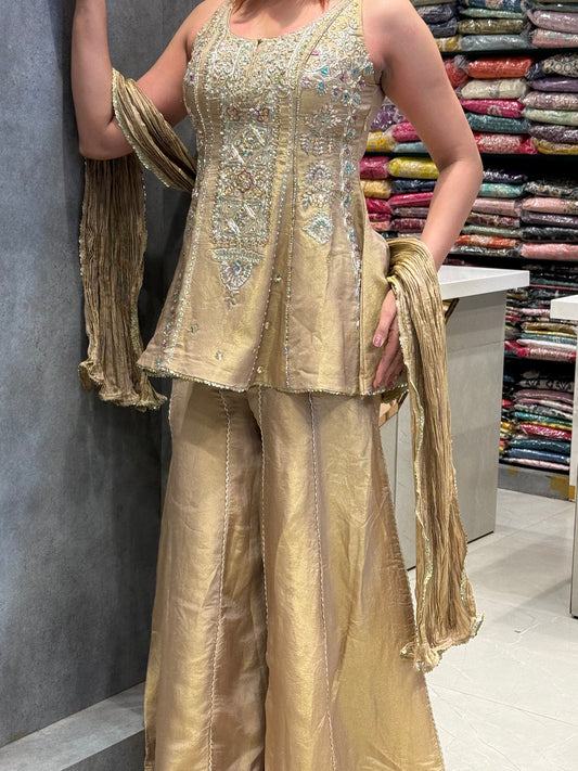 Golden Aura Hand-Embroidered Pure Silk Sharara Set