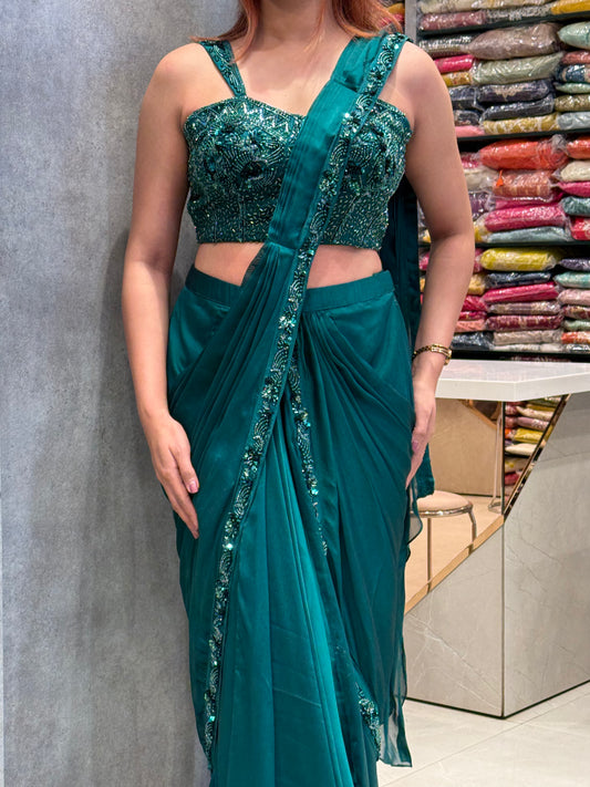 Midnight Forest: Liquid Silk Ready-to-Wear Saree