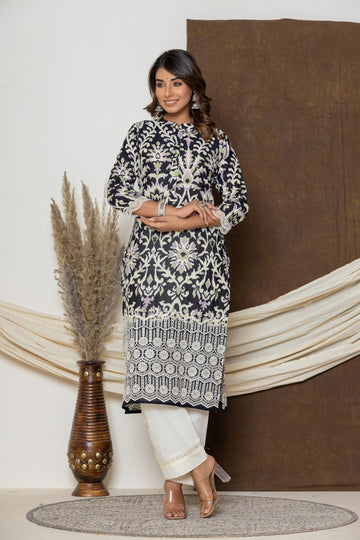 Black and White Cotton Embroidered Kurta Set
