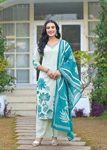 Elegant Sea Green Pure Cotton Printed Plazo Suit Set