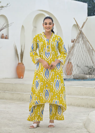 Ikat Print Khadi Cotton Co-ord Set In Yellow
