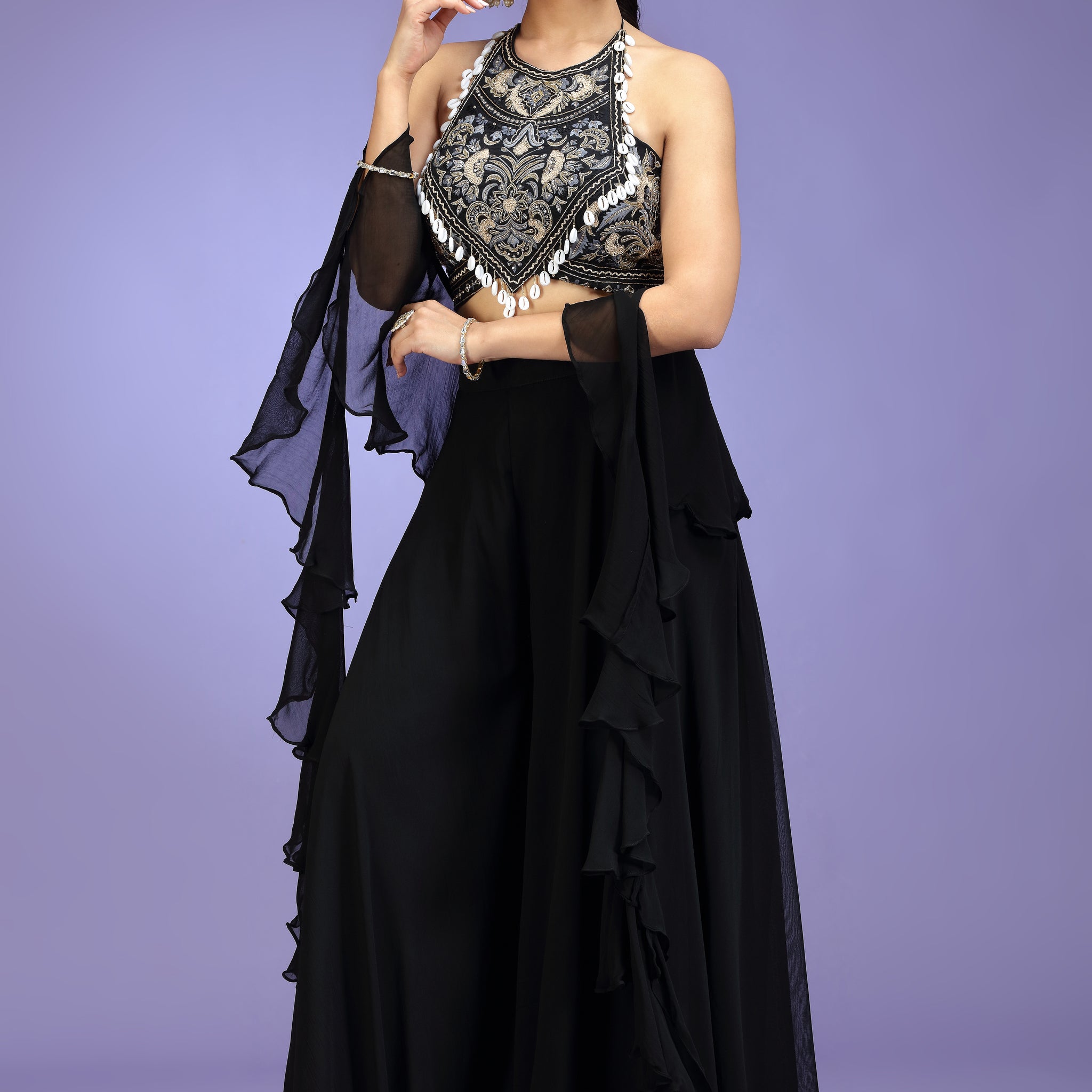 Royal Noir Embroidered Silk Blouse with Flared Georgette Palazzo & Ruffle Dupatta