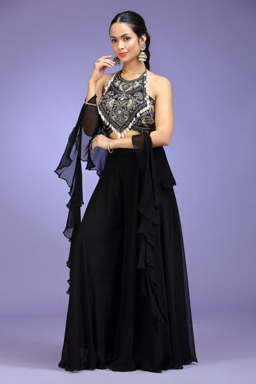 Royal Noir Embroidered Silk Blouse with Flared Georgette Palazzo & Ruffle Dupatta