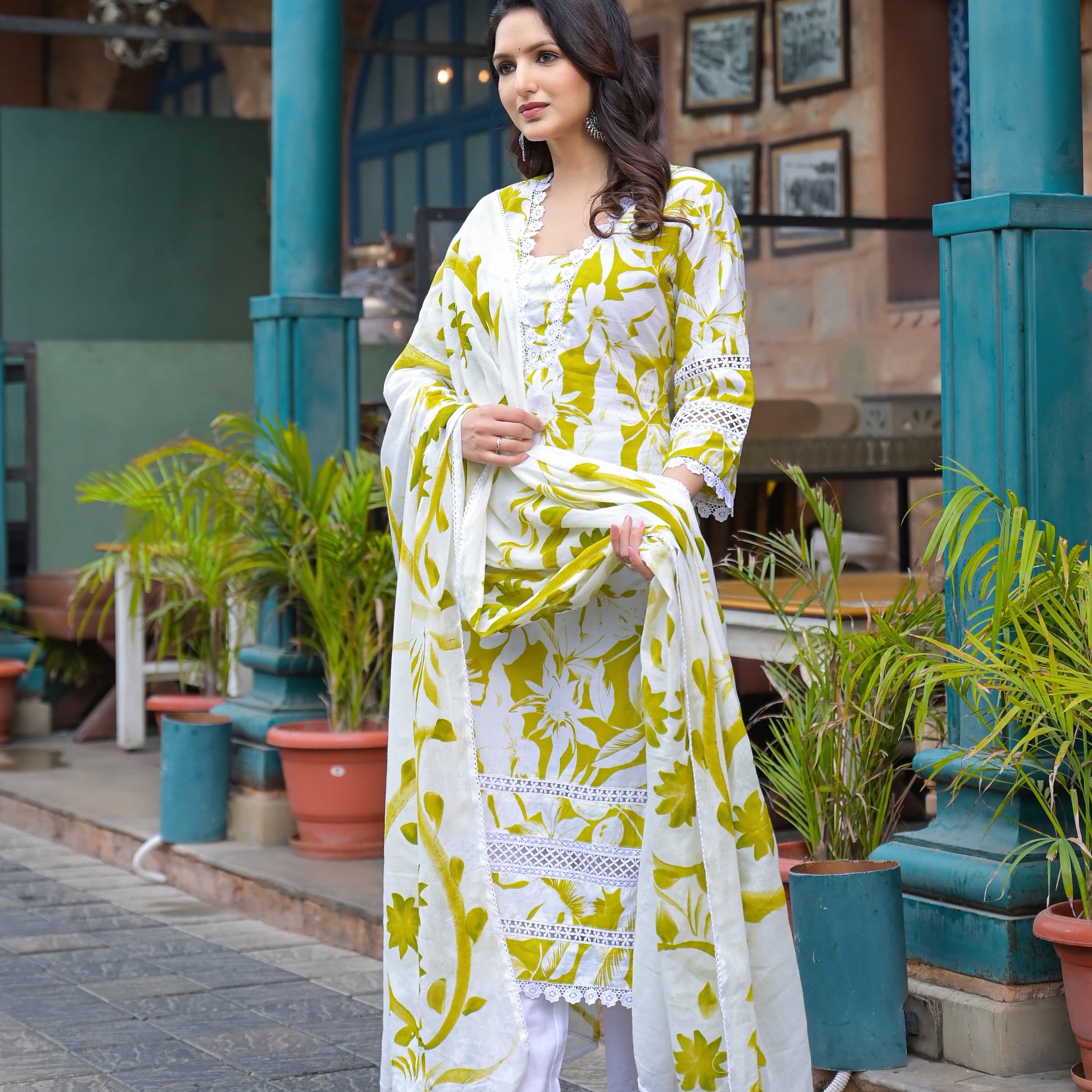 Fresh Lime Floral Hand-Painted Kurta Set with Dupatta