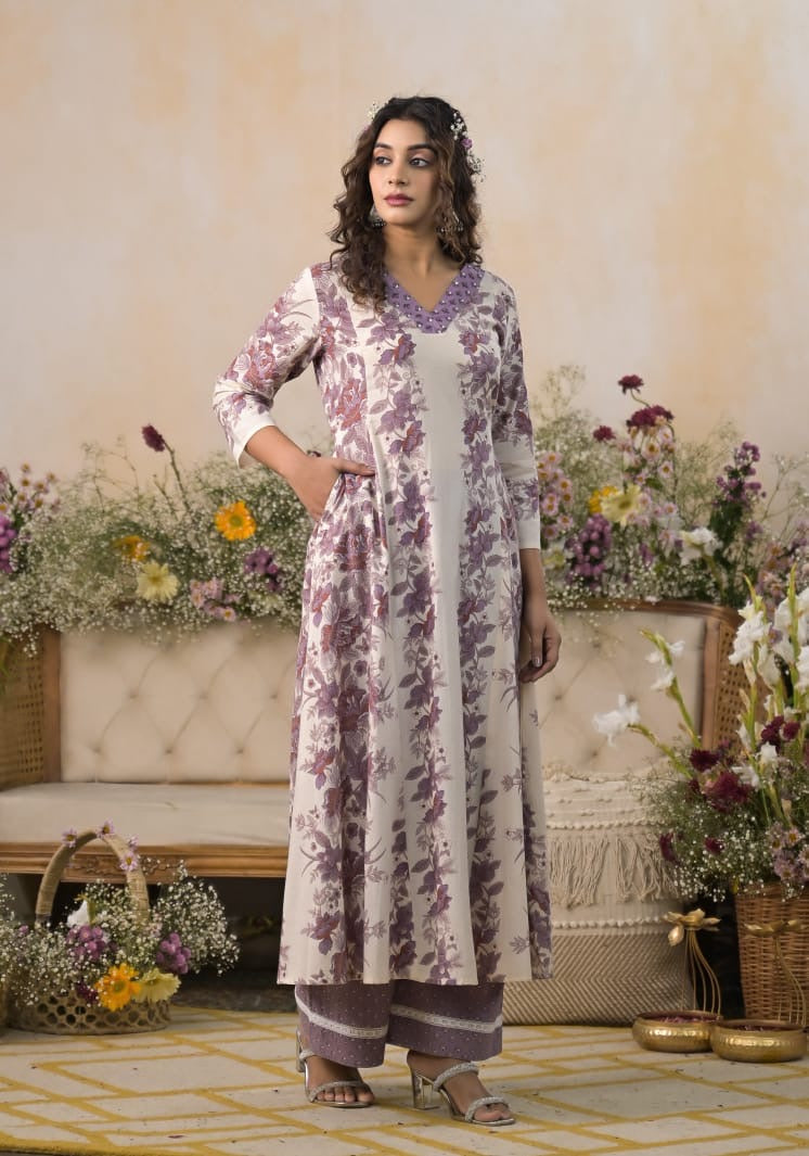 Ivory & Lavender Bloom Cotton Kurta Set