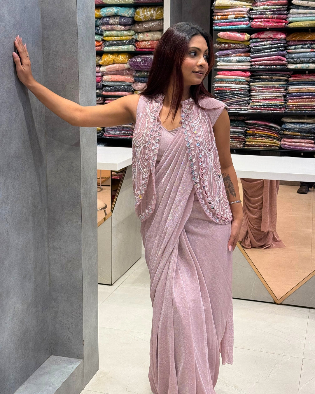 Blush Elegance Pre-Draped Saree with Embroidered Jacket