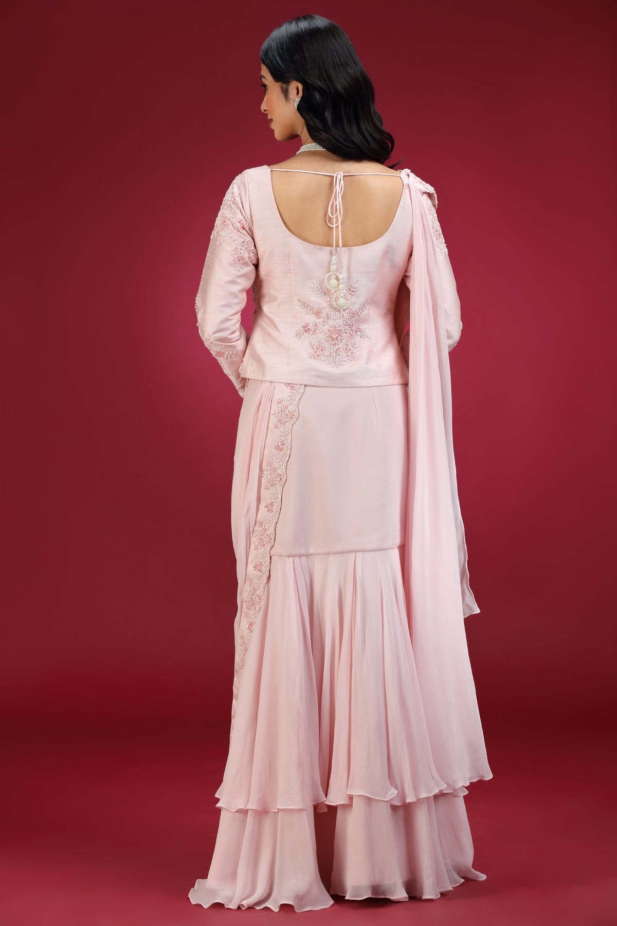 Rose Pink Pre-Draped Saree Set