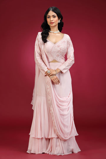 Rose Pink Pre-Draped Saree Set