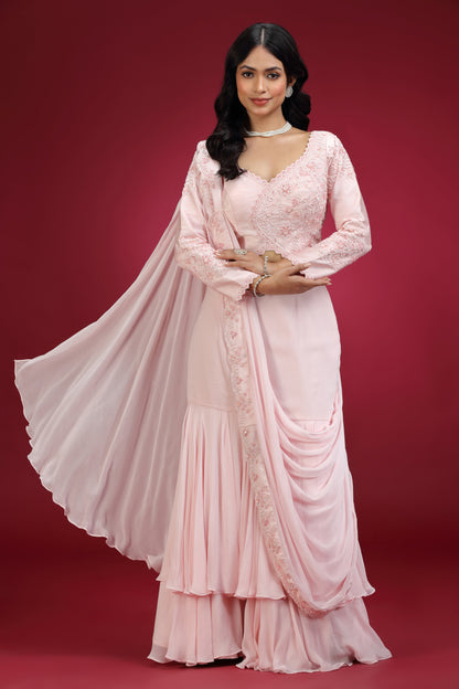 Rose Pink Pre-Draped Saree Set