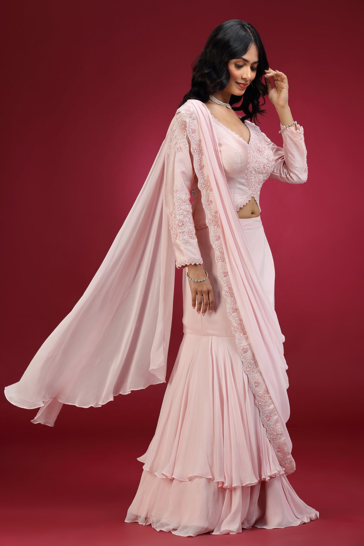 Rose Pink Pre-Draped Saree Set