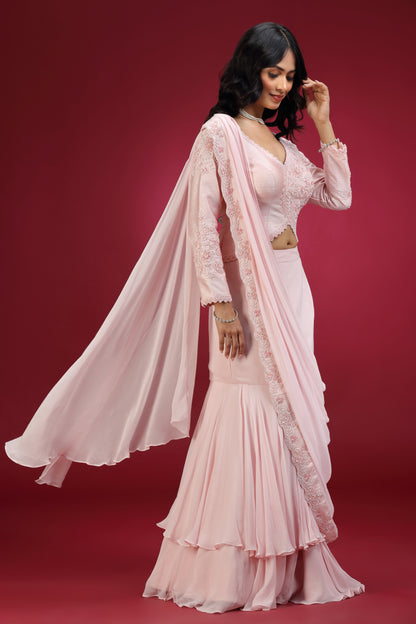 Rose Pink Pre-Draped Saree Set