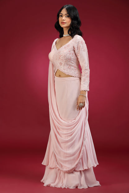 Rose Pink Pre-Draped Saree Set