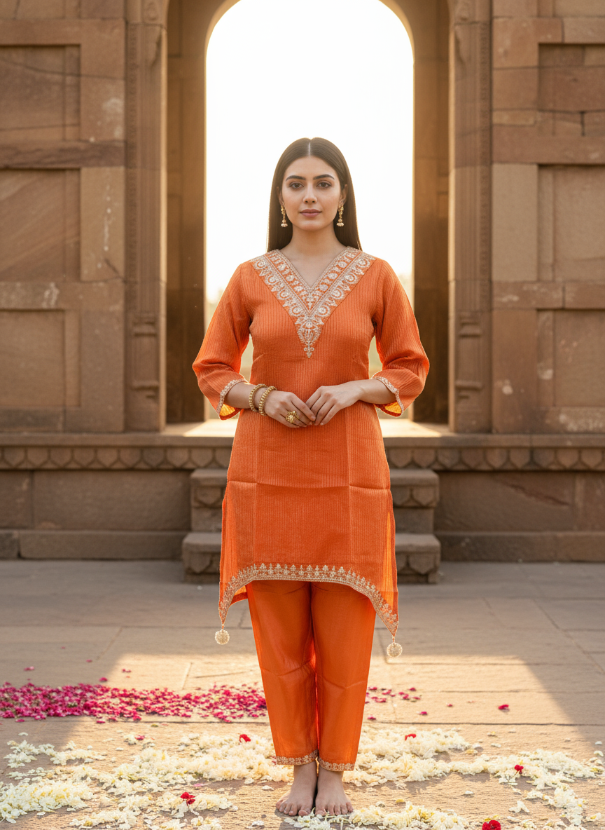 Tangerine Shimmer Kurta & Trouser Set