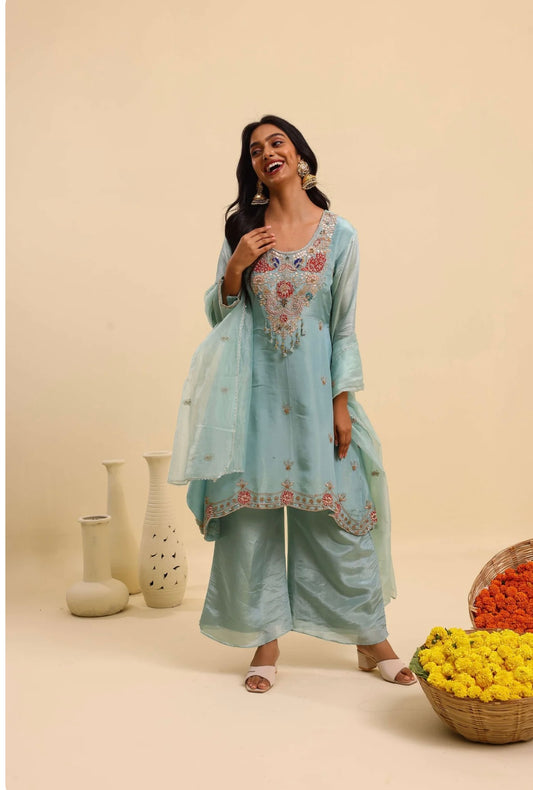 Aqua Elegance A-Line Silk Kurta Set