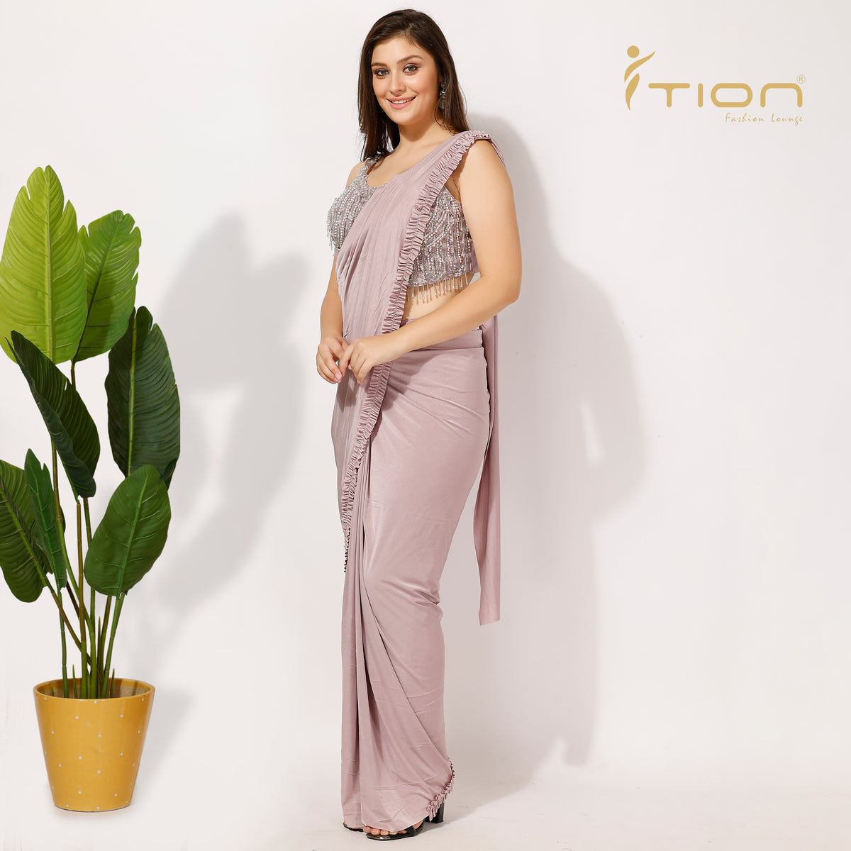 Pre Drape Saree With Heavy Embroidered Blouse (Fits Till Xl)