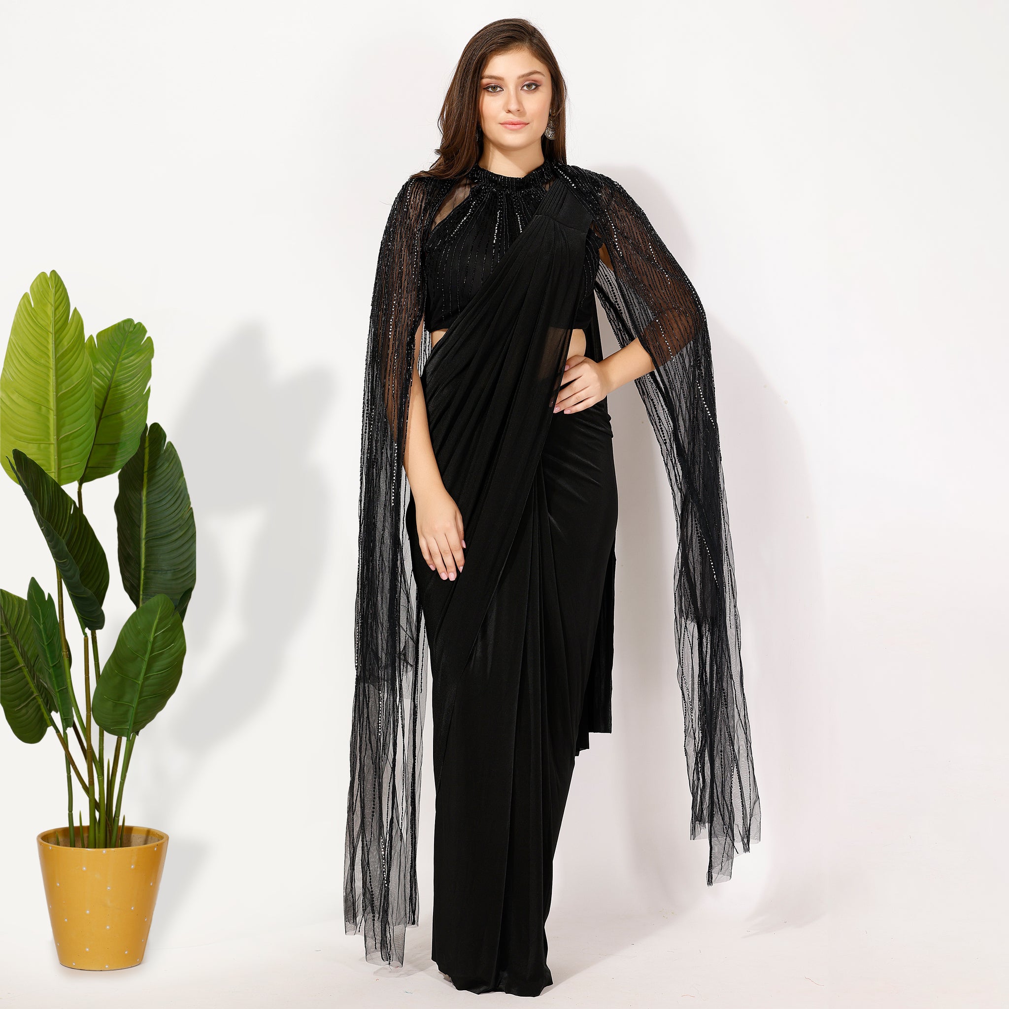 Black Pre Drape Saree With Heavy Embroidered Blouse (Fits Till XL)