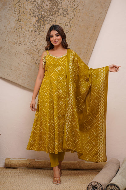 Mustard Cotton Bandhani Set