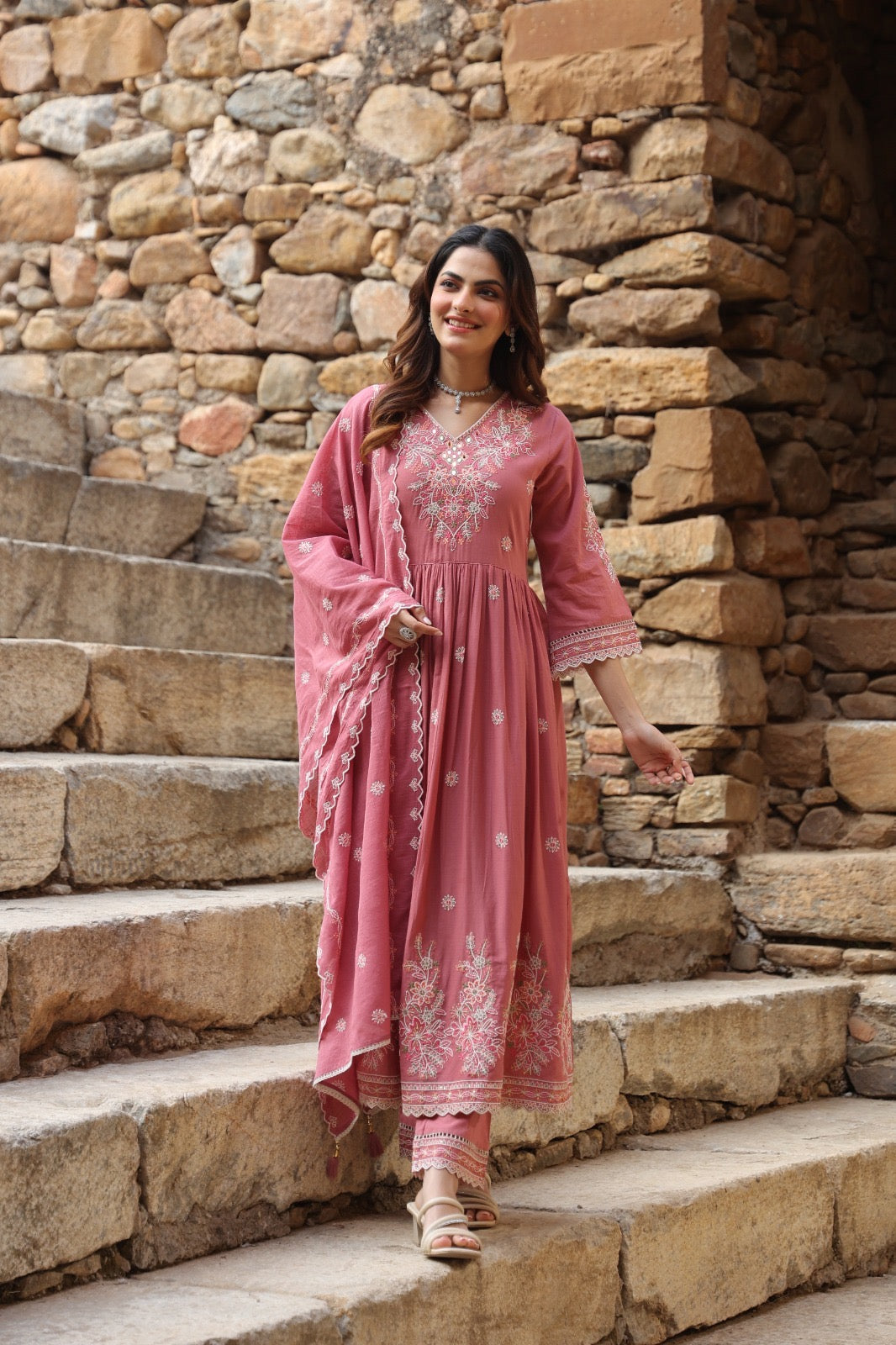 Rose Mul Cotton Anarkali Set