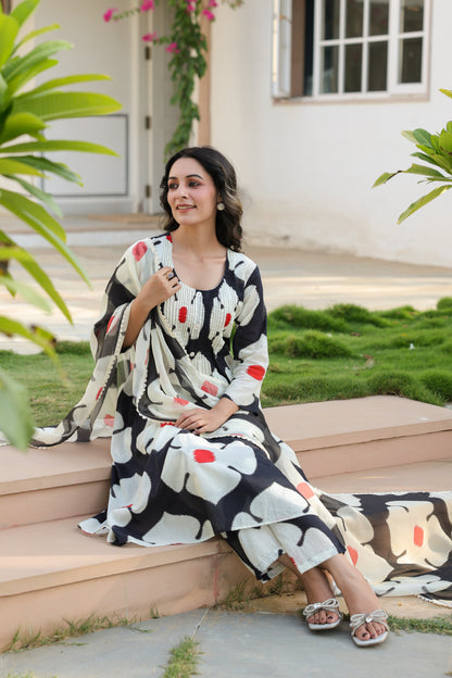 Ecru Essence – Printed 3-Pc Pure Cotton Kurta Set