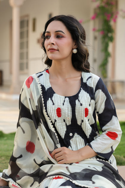 Ecru Essence – Printed 3-Pc Pure Cotton Kurta Set