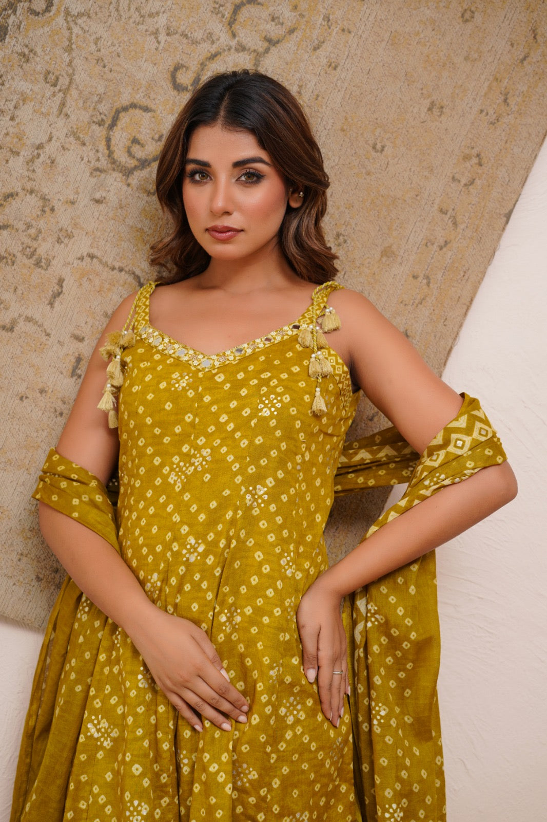 Mustard Cotton Bandhani Set