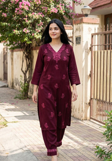 Wine Cotton Kurta Set