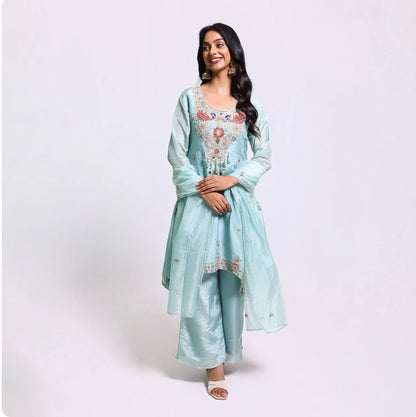 Aqua Elegance A-Line Silk Kurta Set
