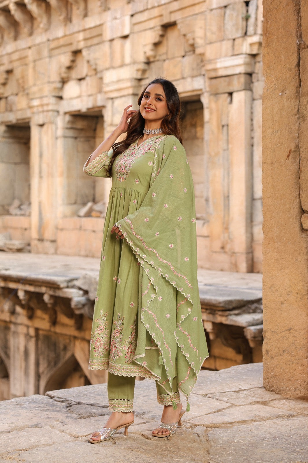 Pista Mul Cotton Anarkali Set