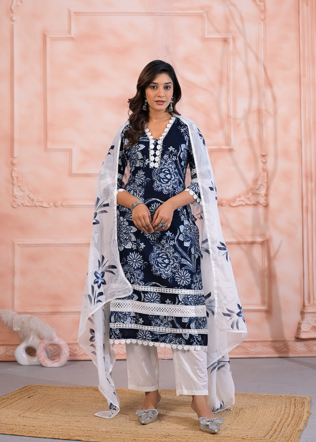 Midnight Bloom Mul Cotton Kurta Set with Hand-Painted Dupatta