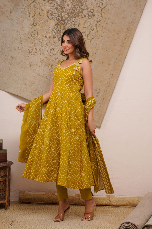 Mustard Cotton Bandhani Set