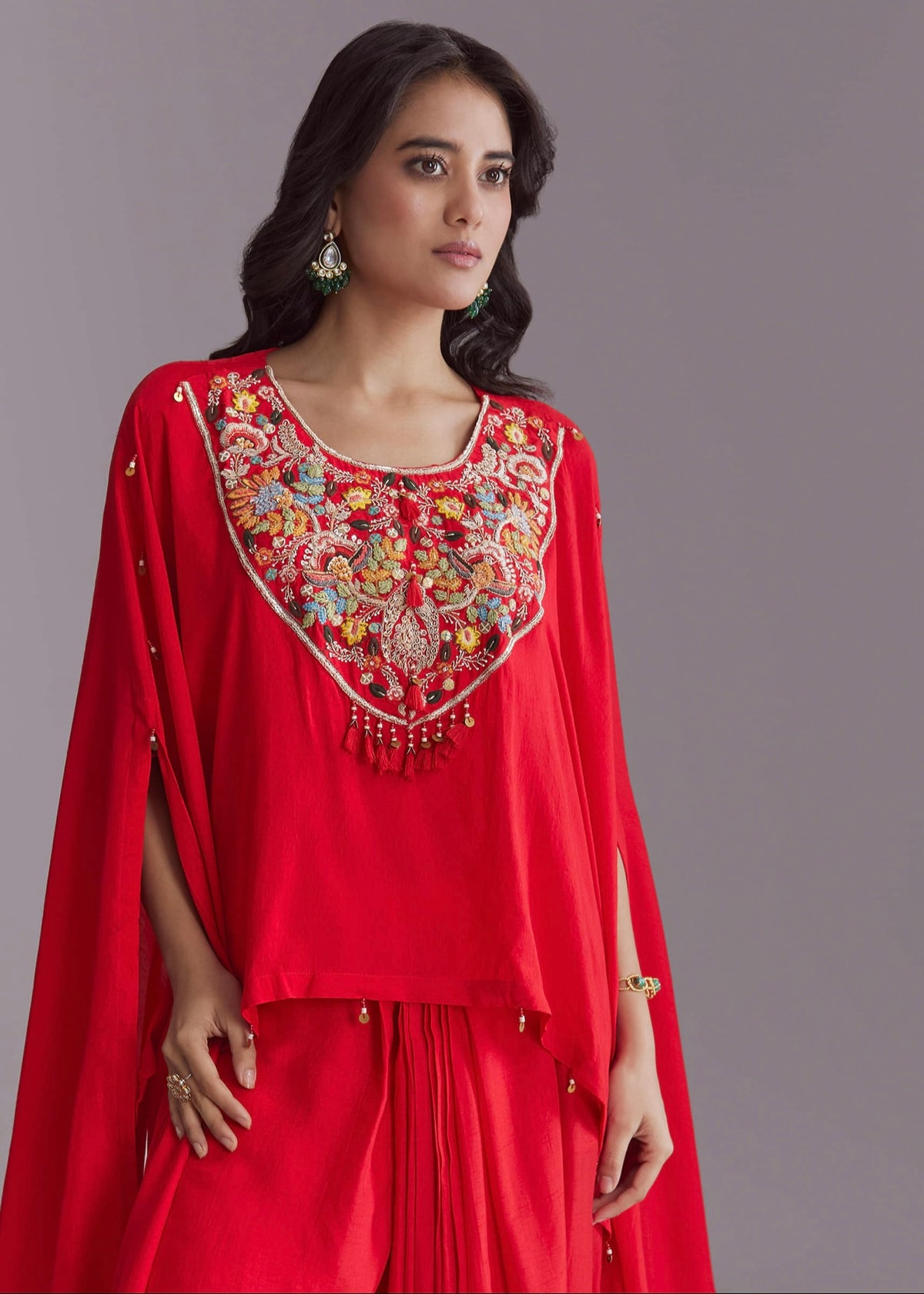 Crimson Charm – Embroidered Silk Crepe Cape Set